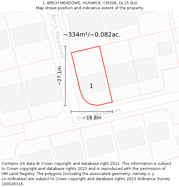 1, BIRCH MEADOWS, HUNWICK, CROOK, DL15 0LD: Plot and title map