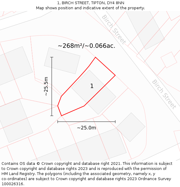 1, BIRCH STREET, TIPTON, DY4 8NN: Plot and title map