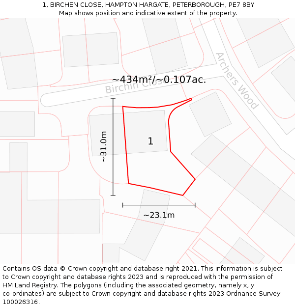 1, BIRCHEN CLOSE, HAMPTON HARGATE, PETERBOROUGH, PE7 8BY: Plot and title map