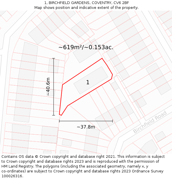 1, BIRCHFIELD GARDENS, COVENTRY, CV6 2BF: Plot and title map