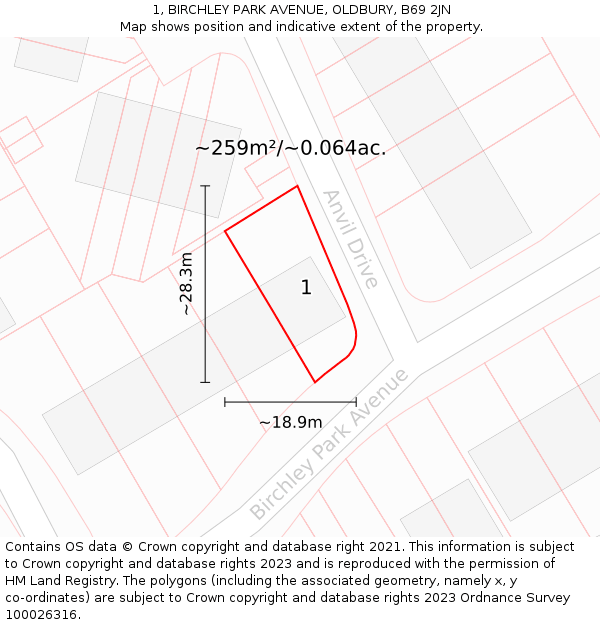 1, BIRCHLEY PARK AVENUE, OLDBURY, B69 2JN: Plot and title map