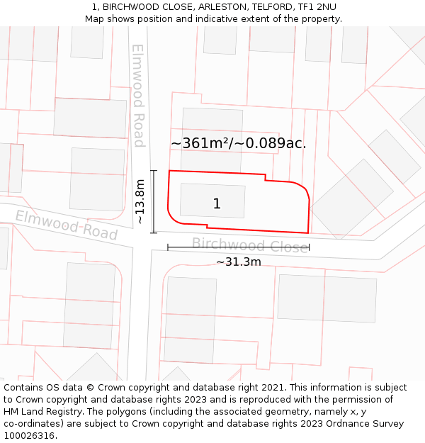1, BIRCHWOOD CLOSE, ARLESTON, TELFORD, TF1 2NU: Plot and title map