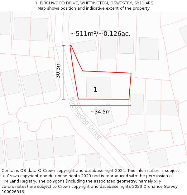 1, BIRCHWOOD DRIVE, WHITTINGTON, OSWESTRY, SY11 4PS: Plot and title map