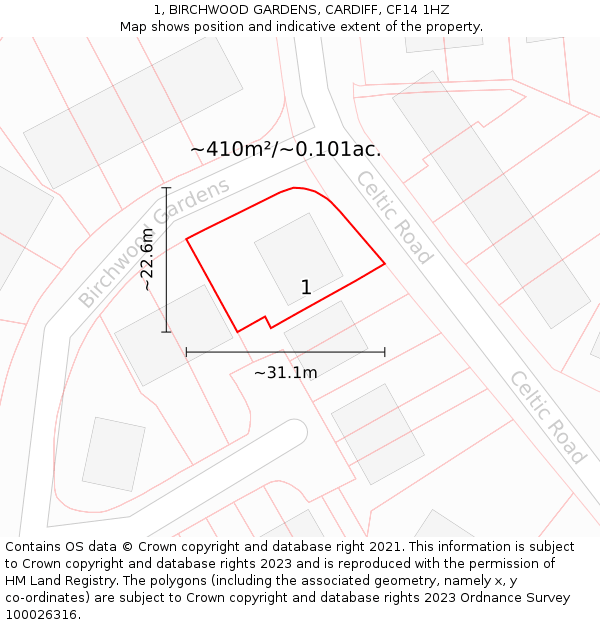 1, BIRCHWOOD GARDENS, CARDIFF, CF14 1HZ: Plot and title map
