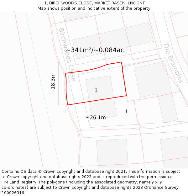 1, BIRCHWOODS CLOSE, MARKET RASEN, LN8 3NT: Plot and title map
