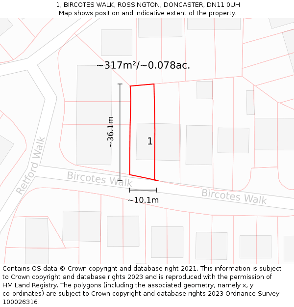 1, BIRCOTES WALK, ROSSINGTON, DONCASTER, DN11 0UH: Plot and title map
