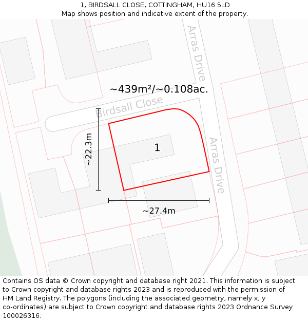 1, BIRDSALL CLOSE, COTTINGHAM, HU16 5LD: Plot and title map