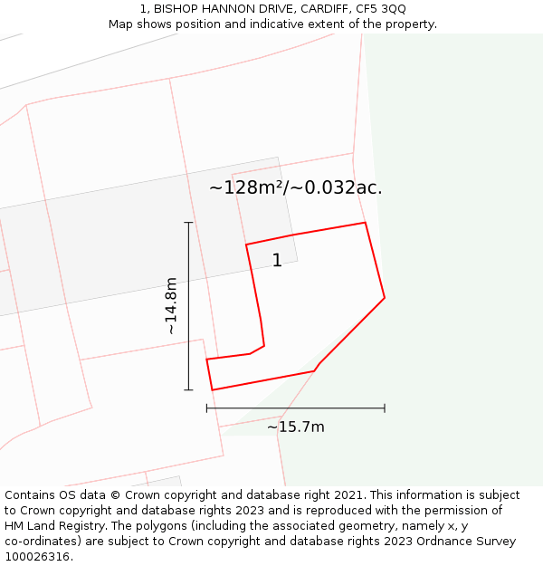 1, BISHOP HANNON DRIVE, CARDIFF, CF5 3QQ: Plot and title map