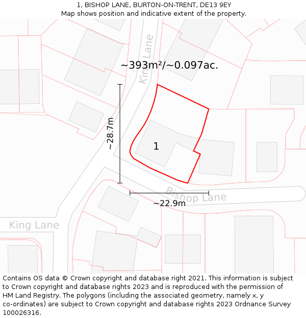 1, BISHOP LANE, BURTON-ON-TRENT, DE13 9EY: Plot and title map