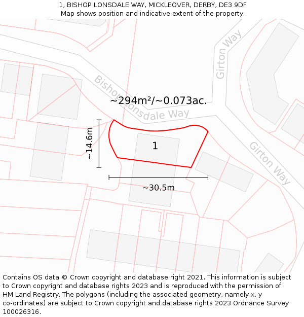 1, BISHOP LONSDALE WAY, MICKLEOVER, DERBY, DE3 9DF: Plot and title map