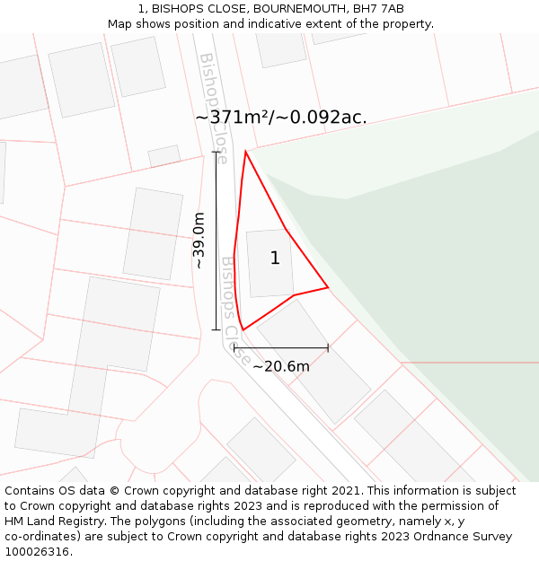 1, BISHOPS CLOSE, BOURNEMOUTH, BH7 7AB: Plot and title map