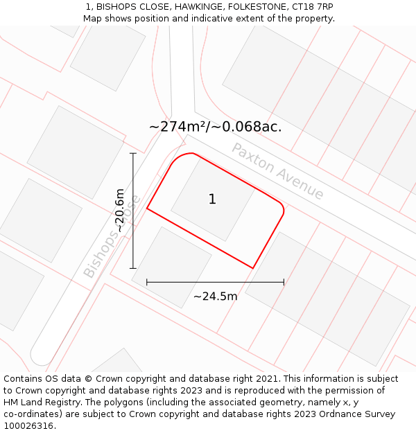 1, BISHOPS CLOSE, HAWKINGE, FOLKESTONE, CT18 7RP: Plot and title map