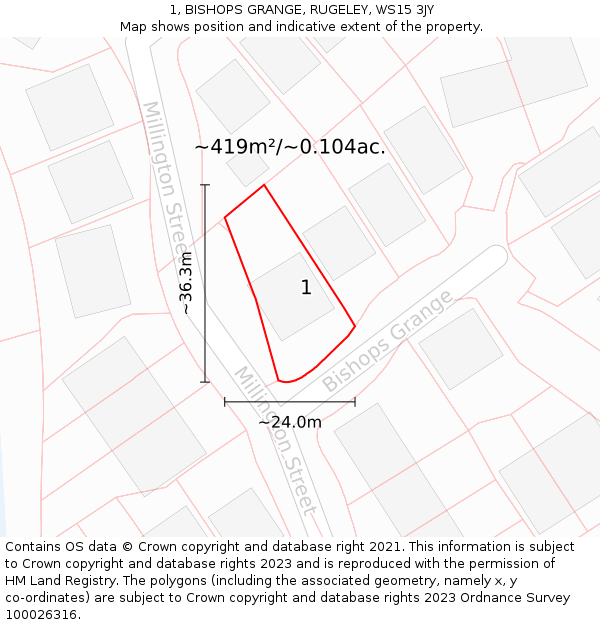 1, BISHOPS GRANGE, RUGELEY, WS15 3JY: Plot and title map