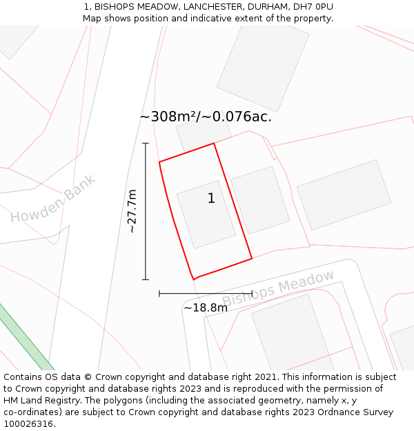 1, BISHOPS MEADOW, LANCHESTER, DURHAM, DH7 0PU: Plot and title map