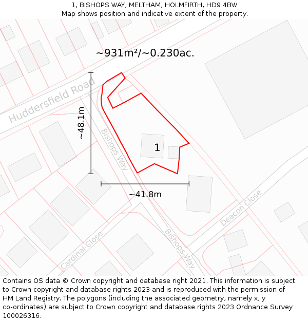 1, BISHOPS WAY, MELTHAM, HOLMFIRTH, HD9 4BW: Plot and title map
