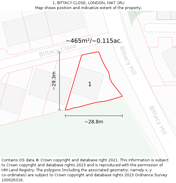 1, BITTACY CLOSE, LONDON, NW7 1RU: Plot and title map