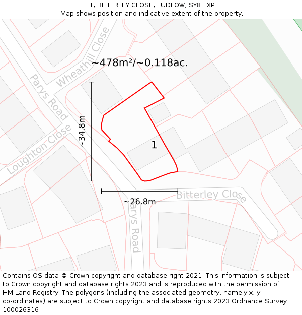 1, BITTERLEY CLOSE, LUDLOW, SY8 1XP: Plot and title map