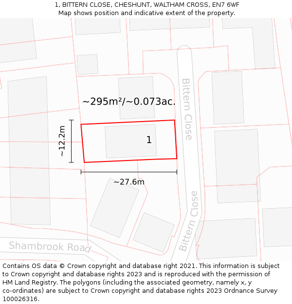 1, BITTERN CLOSE, CHESHUNT, WALTHAM CROSS, EN7 6WF: Plot and title map