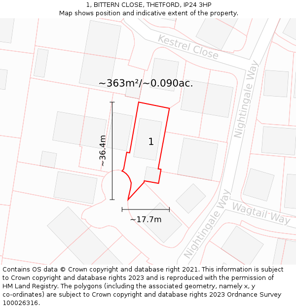 1, BITTERN CLOSE, THETFORD, IP24 3HP: Plot and title map