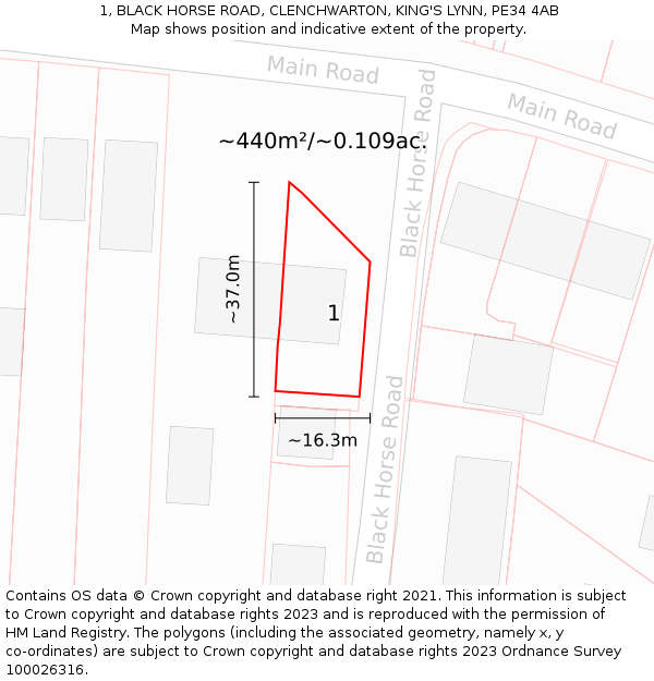 1, BLACK HORSE ROAD, CLENCHWARTON, KING'S LYNN, PE34 4AB: Plot and title map