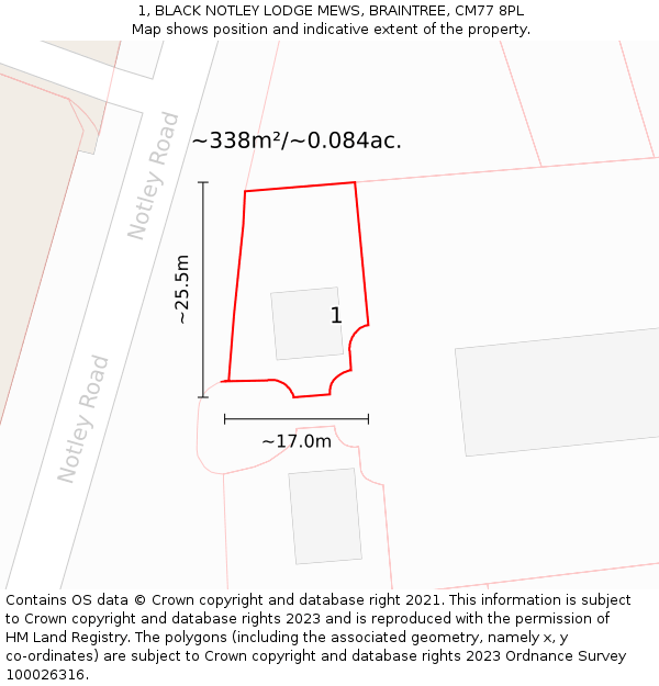 1, BLACK NOTLEY LODGE MEWS, BRAINTREE, CM77 8PL: Plot and title map