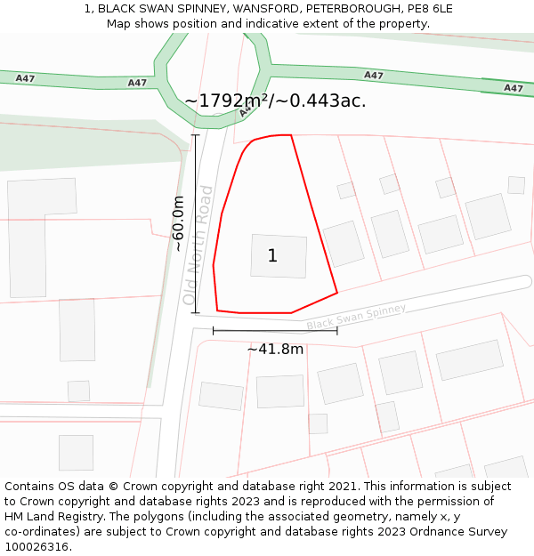 1, BLACK SWAN SPINNEY, WANSFORD, PETERBOROUGH, PE8 6LE: Plot and title map