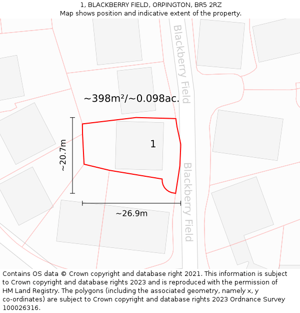 1, BLACKBERRY FIELD, ORPINGTON, BR5 2RZ: Plot and title map