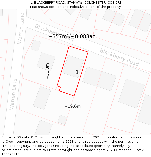 1, BLACKBERRY ROAD, STANWAY, COLCHESTER, CO3 0RT: Plot and title map