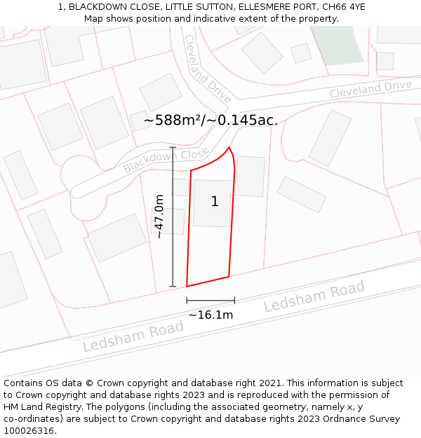 1, BLACKDOWN CLOSE, LITTLE SUTTON, ELLESMERE PORT, CH66 4YE: Plot and title map