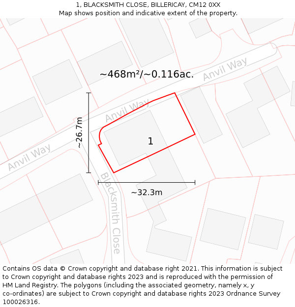 1, BLACKSMITH CLOSE, BILLERICAY, CM12 0XX: Plot and title map