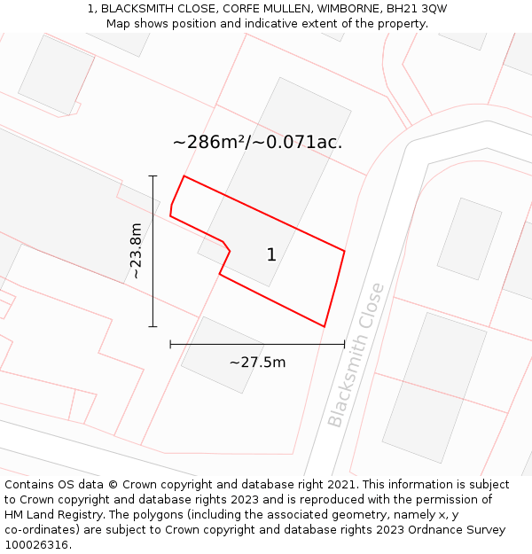 1, BLACKSMITH CLOSE, CORFE MULLEN, WIMBORNE, BH21 3QW: Plot and title map