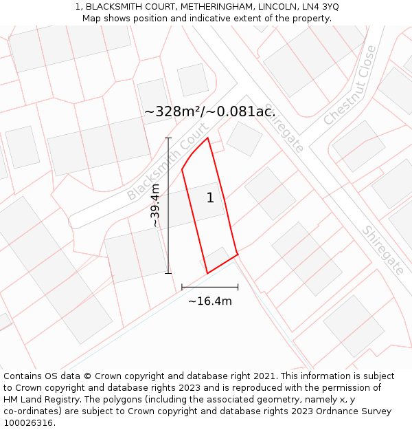 1, BLACKSMITH COURT, METHERINGHAM, LINCOLN, LN4 3YQ: Plot and title map