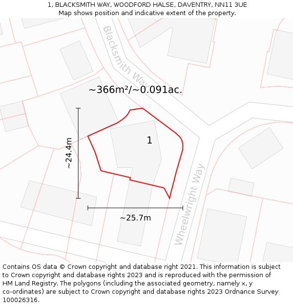 1, BLACKSMITH WAY, WOODFORD HALSE, DAVENTRY, NN11 3UE: Plot and title map