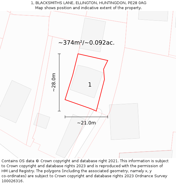 1, BLACKSMITHS LANE, ELLINGTON, HUNTINGDON, PE28 0AG: Plot and title map