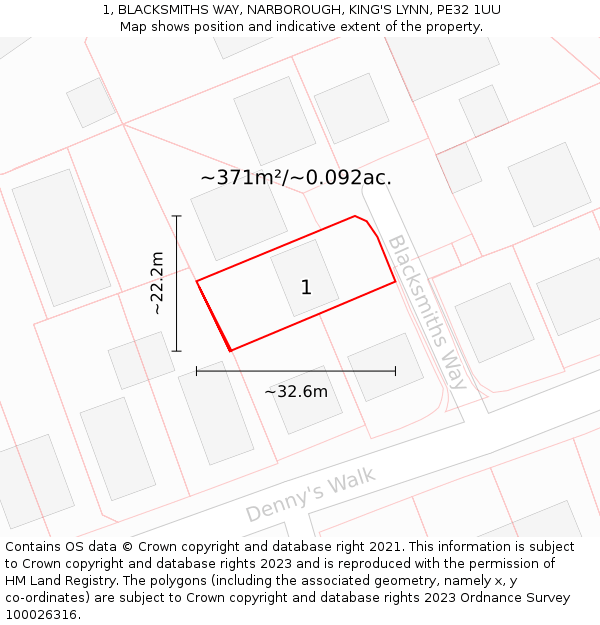 1, BLACKSMITHS WAY, NARBOROUGH, KING'S LYNN, PE32 1UU: Plot and title map