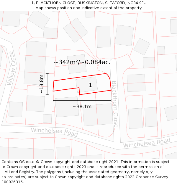 1, BLACKTHORN CLOSE, RUSKINGTON, SLEAFORD, NG34 9FU: Plot and title map