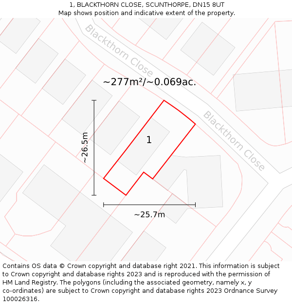 1, BLACKTHORN CLOSE, SCUNTHORPE, DN15 8UT: Plot and title map