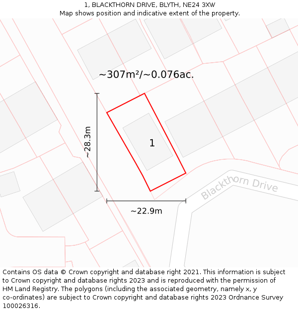 1, BLACKTHORN DRIVE, BLYTH, NE24 3XW: Plot and title map