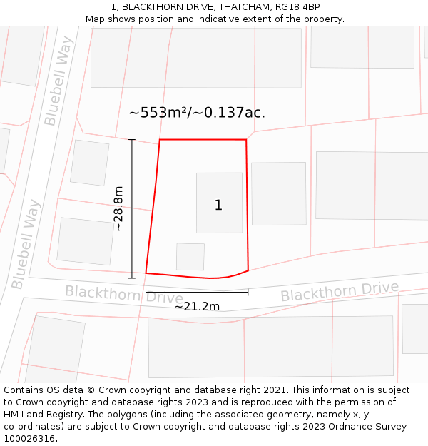 1, BLACKTHORN DRIVE, THATCHAM, RG18 4BP: Plot and title map