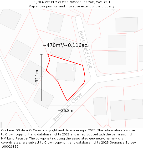 1, BLAIZEFIELD CLOSE, WOORE, CREWE, CW3 9SU: Plot and title map
