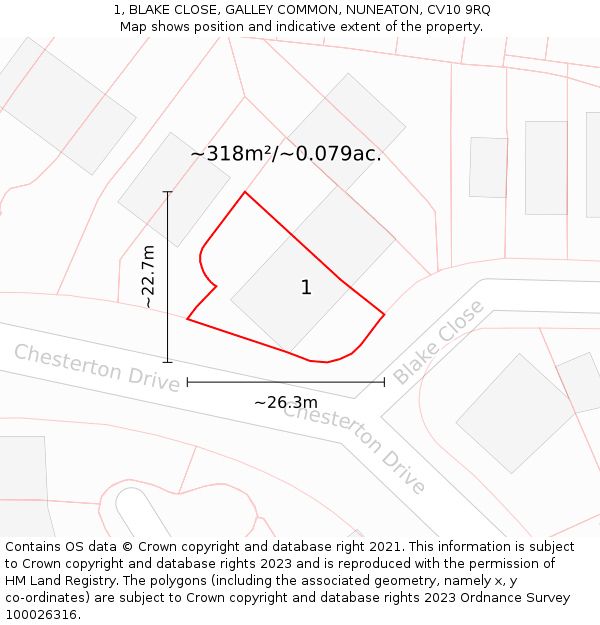 1, BLAKE CLOSE, GALLEY COMMON, NUNEATON, CV10 9RQ: Plot and title map