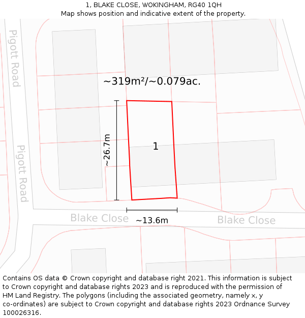 1, BLAKE CLOSE, WOKINGHAM, RG40 1QH: Plot and title map