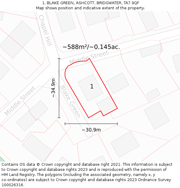 1, BLAKE GREEN, ASHCOTT, BRIDGWATER, TA7 9QF: Plot and title map
