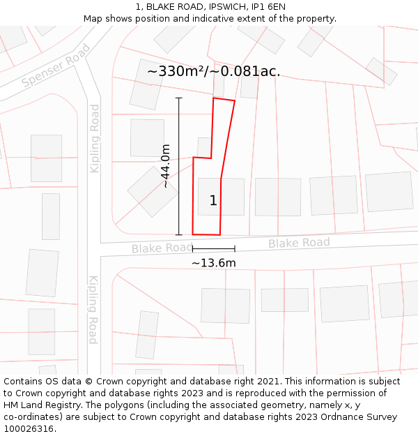 1, BLAKE ROAD, IPSWICH, IP1 6EN: Plot and title map