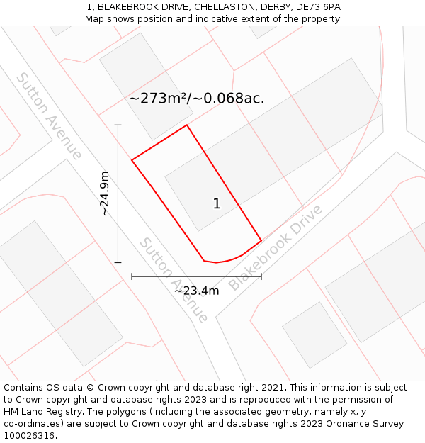1, BLAKEBROOK DRIVE, CHELLASTON, DERBY, DE73 6PA: Plot and title map
