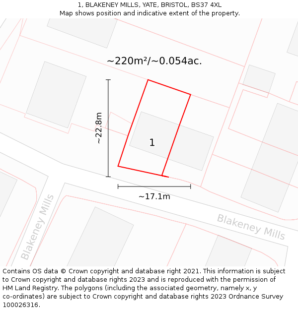 1, BLAKENEY MILLS, YATE, BRISTOL, BS37 4XL: Plot and title map
