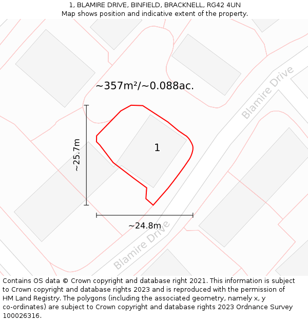 1, BLAMIRE DRIVE, BINFIELD, BRACKNELL, RG42 4UN: Plot and title map