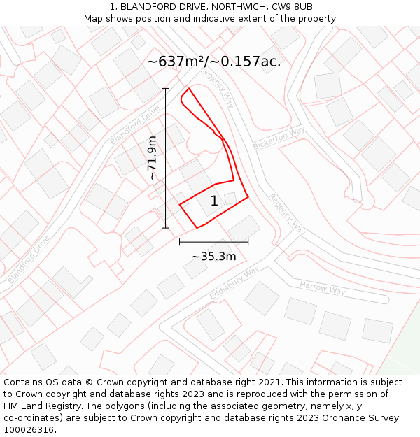 1, BLANDFORD DRIVE, NORTHWICH, CW9 8UB: Plot and title map
