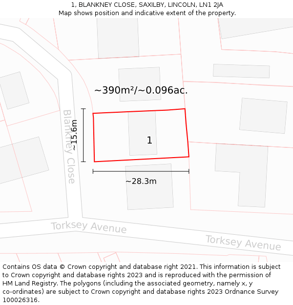 1, BLANKNEY CLOSE, SAXILBY, LINCOLN, LN1 2JA: Plot and title map