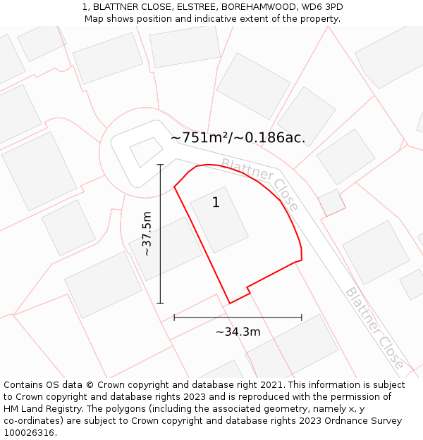 1, BLATTNER CLOSE, ELSTREE, BOREHAMWOOD, WD6 3PD: Plot and title map